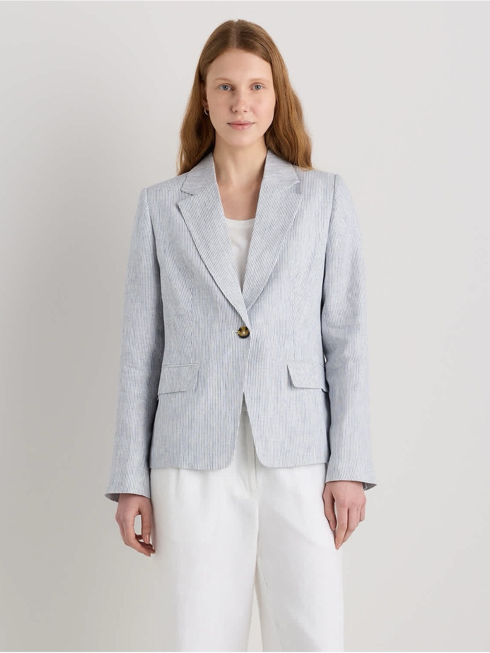 Quince 100% European Linen Structured Blazer Blue Pinstripe Women Size XL
